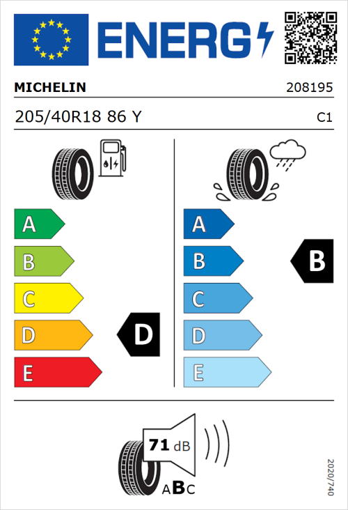 Tyre Label for Michelin Pilot Sport 4 205/40R18 86Y