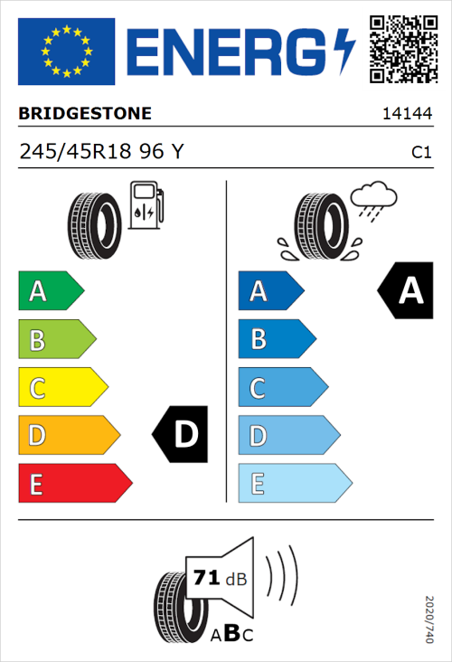 Tyre Label for Bridgestone Turanza ER300 245/45R18 96Y