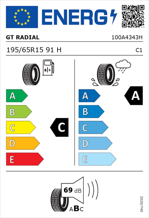 Tyre Label for GT Radial FE2 195/65R15 91H