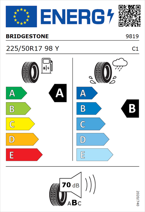 Tyre Label for Bridgestone Turanza T005 225/50R17 98Y
