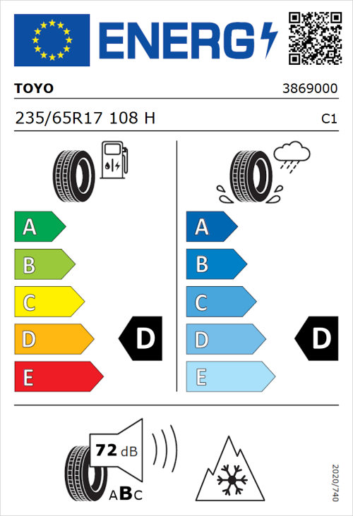 Tyre Label for Toyo Open Country ATIII 235/65R17 108H