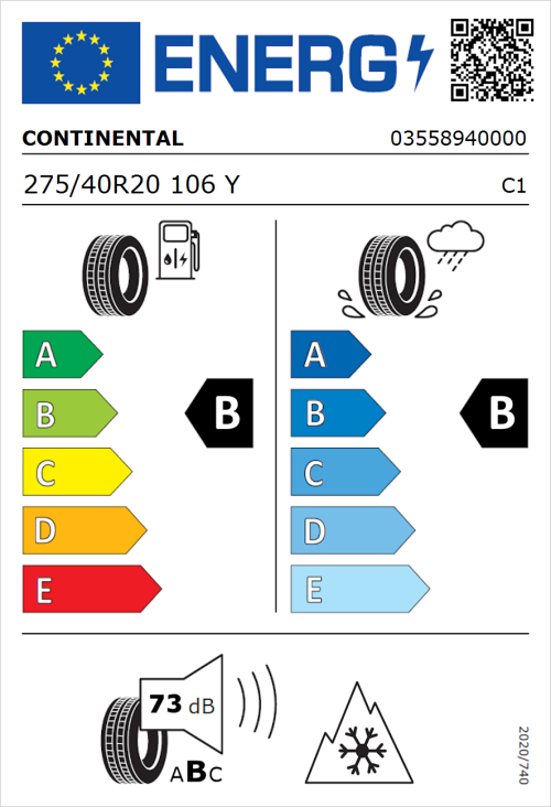 Tyre Label for Continental AllSeasonContact 275/40R20 106Y