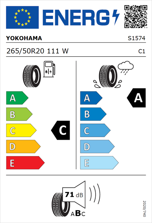 Tyre Label for Yokohama Advan Sport V107 265/50R20 111W