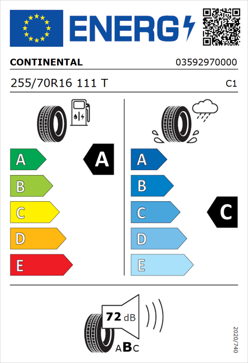 Tyre Label for Continental CrossContact RX 255/70R16 111T