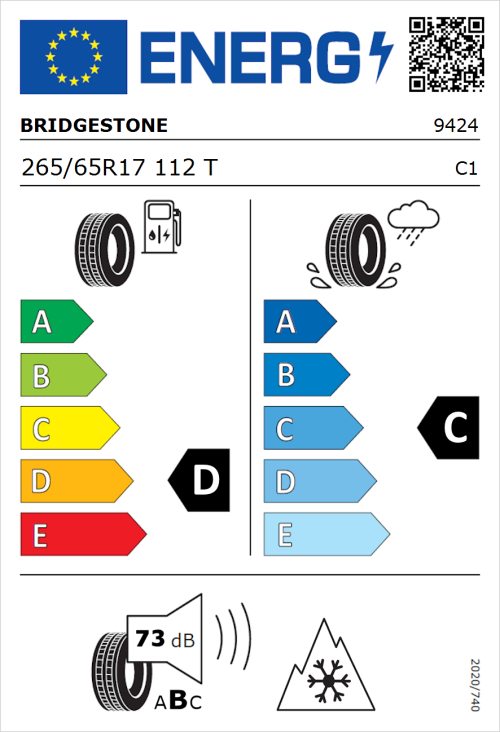 Tyre Label for Bridgestone Dueler A/T 001 265/65R17 112T